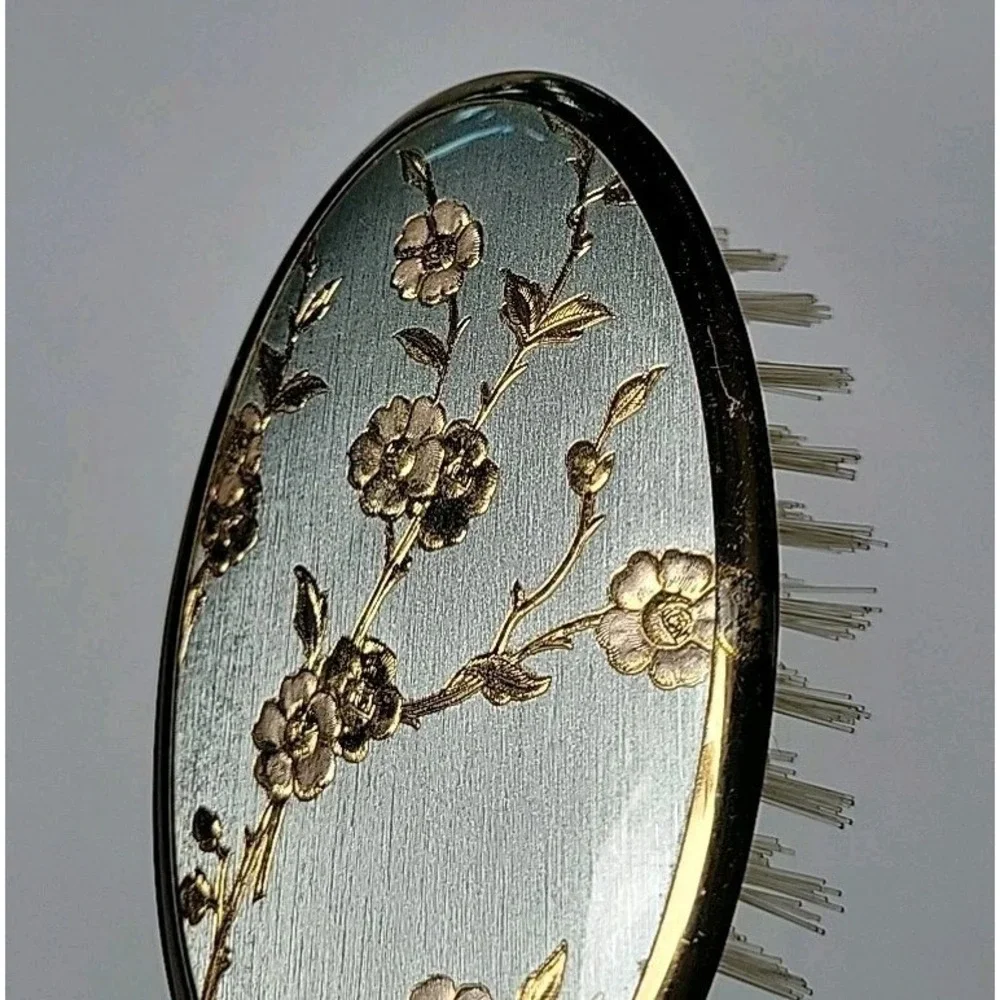 Vintage Handheld Vanity Mirror Brush Set Brass Handle Ornate Floral‎ Art Deco